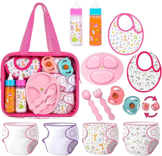 My Sweet Baby 13-Piece Doll Feeding & Diaper Bag Set – Disappearing Milk Bottles, Bibs, Pacifiers, Diapers & Accessories Set – Pretend Play Baby Doll Care Kit for Girls – Fits 12–18″ Dolls
