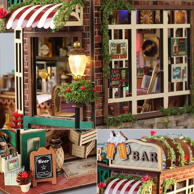 TuKIIE DIY Miniature House Kit with Furniture, 1:24 Scale Creative Room Mini Wooden Dollhouse Book Nook for Kids Teens Adults(Beer Bar)