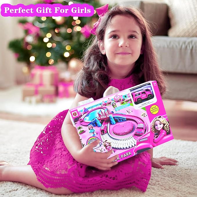 Race Tracks for Kids Ages 4-8, 203 PCS Pink Magic Tracks Electric Toys, Flexible Car Track Set Girls Toys Birthday Gifts for 2 3 4 5 6 Year Old Girls and Toddlers