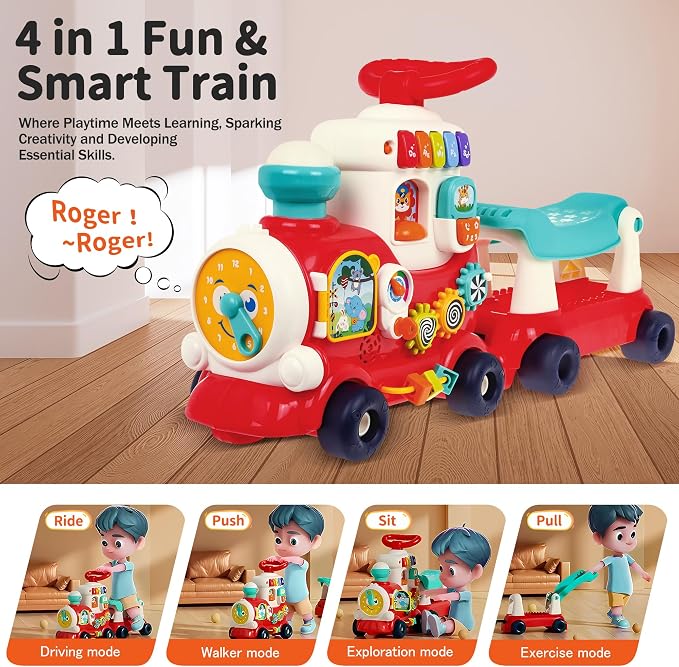 Ride On Toys for Toddlers 1-3 Boys Girls, 4-in-1 Push Pull Sit and Ride Train, Walking Car Toy for 1 Year Old Learning to Walk, Sit-to-Stand Walker for Baby Kids Ages 1 2 3 4 Outdoor Indoor Toy