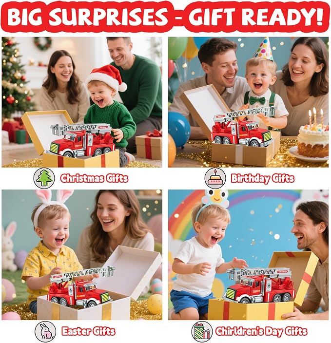 Toddler Boy Toys, Fire Trucks for Toddlers 3-5, Lights Music Toy Cars with 1 Rotating Extend Ladder, Firetrucks with 2 Opening Doors, Baby Toys for 3 4 5 6 Year Old Boy, Kids Christmas Birthday Gift