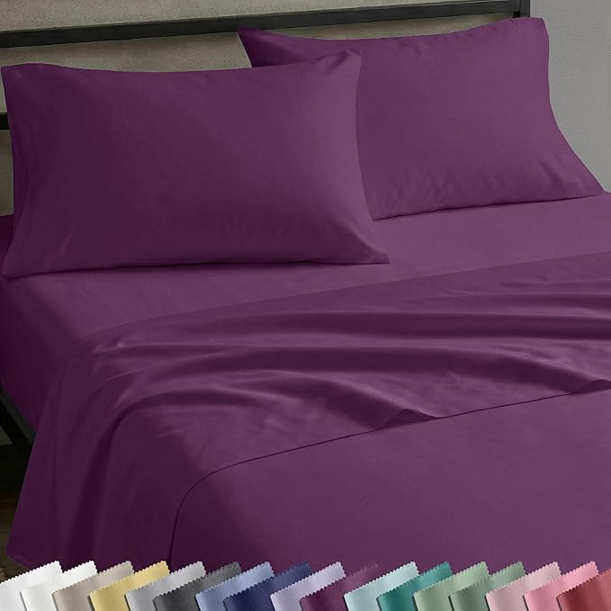 California Design Den Natural 100% Cotton Sheets Full Size Bed Set - Soft Sateen Weave, Fully Elasticized Deep Pocket Sheet Set, Breathable and Durable Bedding - Purple Passion
