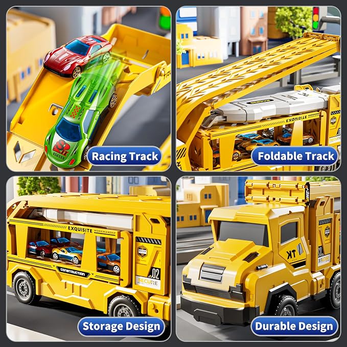 3-in-1 Kid Carrier Truck Toy Car Tracks for Toddlers 2-4 Years Old with 12 Racing Cars Toys, Foldable Chasing Race Track and Car Garage, Car Ramps Birthday Gift for Boys Girls 3-5 4-8(Yellow)