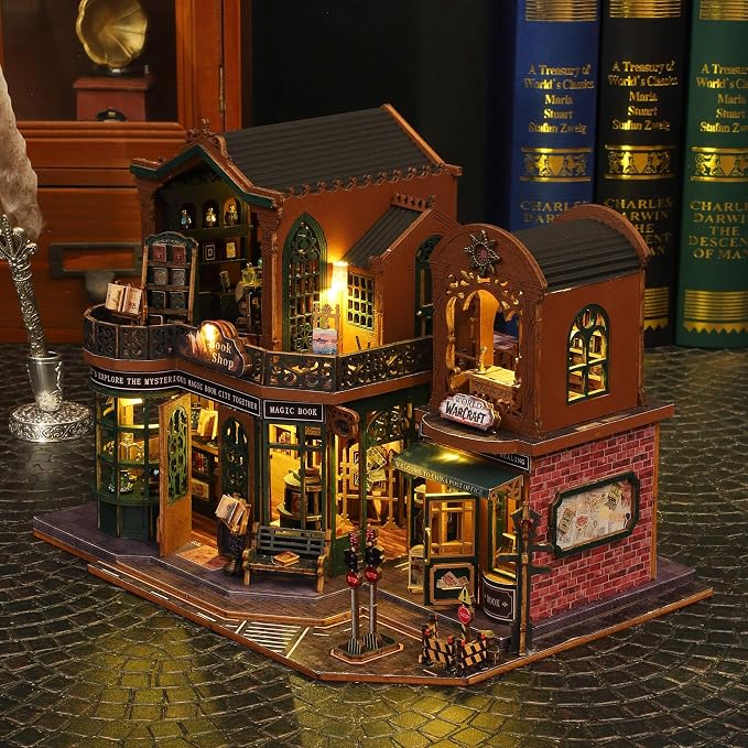 fifijoy DIY Dollhouse Miniature House Kit, Tiny House Kits Mini Doll House Model Building Sets, Wooden Miniature Kits for Adults (Magic Book City)