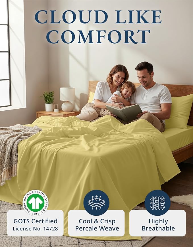 LANE LINEN Queen Size Bed Sheets 100% Organic Cotton Soft 4pc - Cocoon | GOTS Certified Organic Cotton Percale Queen Sheet Set - Affordable Organic Luxury, Honest-Price Organic Quality