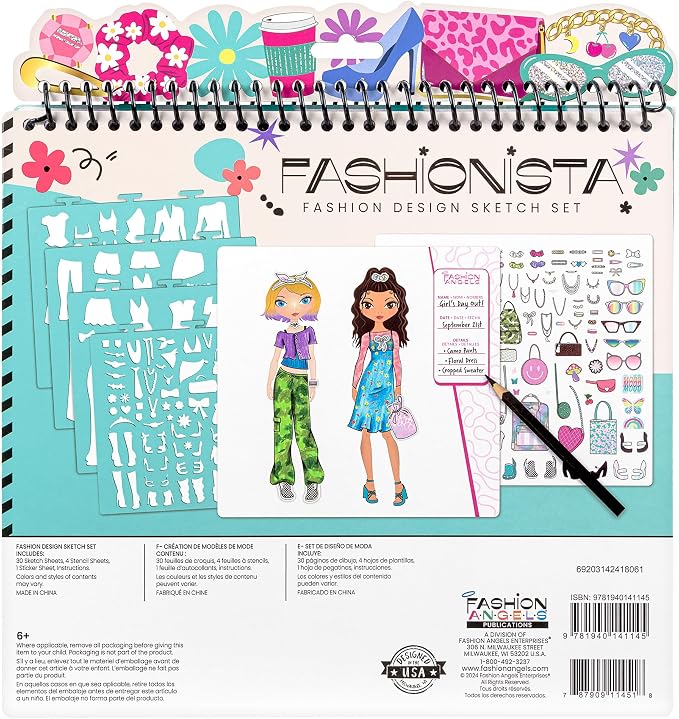 Fashion Angels Fashion Design Sketch Portfolio, Includes 40 Sketch Sheets, 4 Stencil Sheets & Stickers, Fashion Sketch Pad for Beginners & Kids Ages 6+