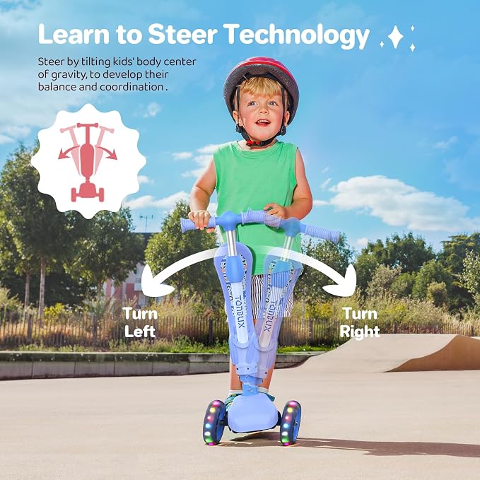 TONBUX Kids Scooter with Seat, 3 Wheels Scooter with PU Luminous Wheels, Non-Slip Handle and Wide Deck, Sensitive Brakes, 4-Level Adjustable Height, Scooters for Kids 2–8 Years