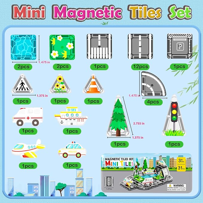 Road Mini Magnetic Tiles with Case Travel Toys for 3+ Year Old Boys Girls