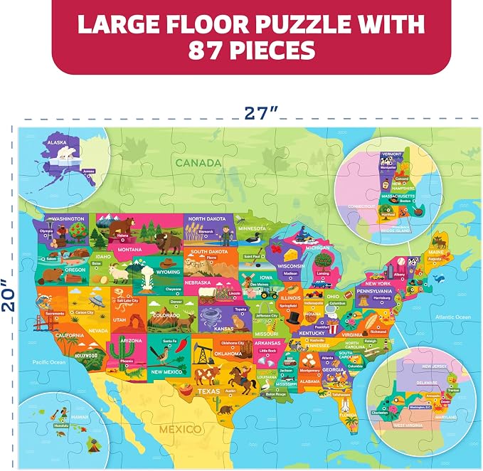 United States Puzzle for Kids Ages 4-8 – 87 Large USA State-Shaped Pieces, 27"x20" Map – Learn All 50 US States, Capitals & Landmarks – USA Jigsaw Educational Toy – Gift for Boys & Girls Ages 4+