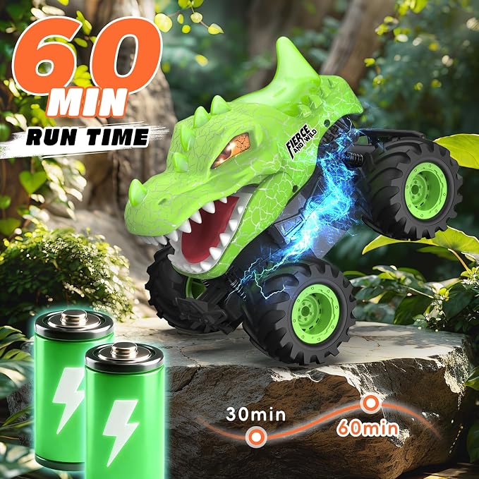 Dinosaur Remote Control Car, 2.4GHz Monster Truck Toys Rechargeable RC Cars 1:24 Scale RC Truck with LED Light Movable Mouth, Dinosaur Cars Toys for Kids Boys 6-8 8-12 Birthday Gift, Green