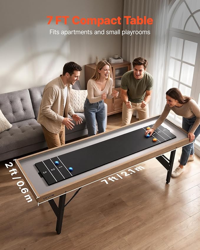VEVOR 7ft 9ft 12ft Shuffleboard Table 2 in 1 Shuffleboard and Bowling Combo Set, Shuffle Board with Scratch-Resistant Playfield, Pucks, Bowling Set, Wax, Brush for Family Game Rooms