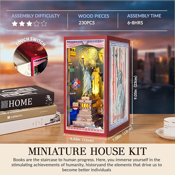 Book Nook Kit, DIY Miniature House Dollhouse Crafts Kit for Adults and Teens, The Statue of Liberty New York Cityline 3D Wooden Puzzle Booknook Build Bookshelf Decor Gifts（Liberty's Legacy）