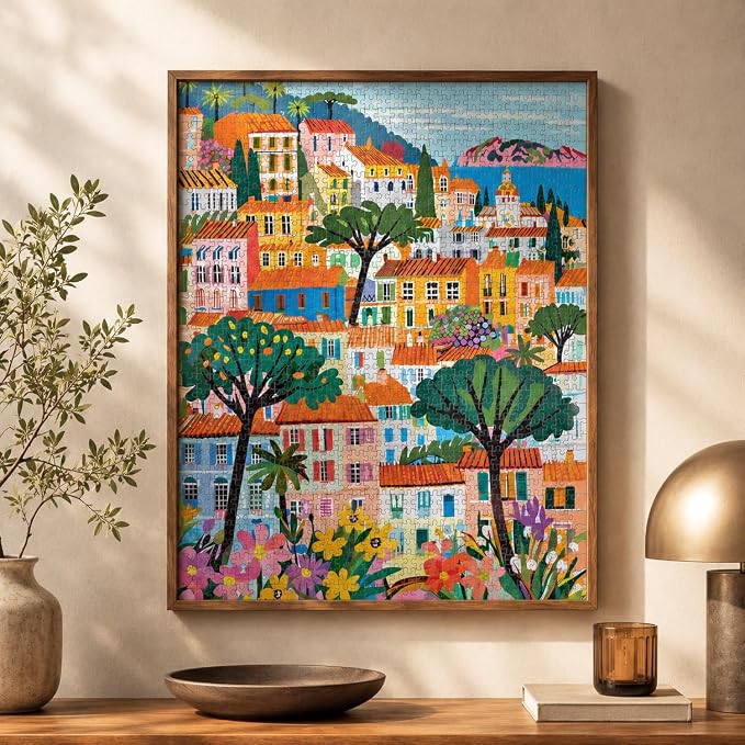 Cross & Glory – A Bright Day in Cannes – 1000 Piece Jigsaw Puzzle for Adults | Modern Folk Art French Riviera Scene | Minimalist, Colorful Travel Puzzle