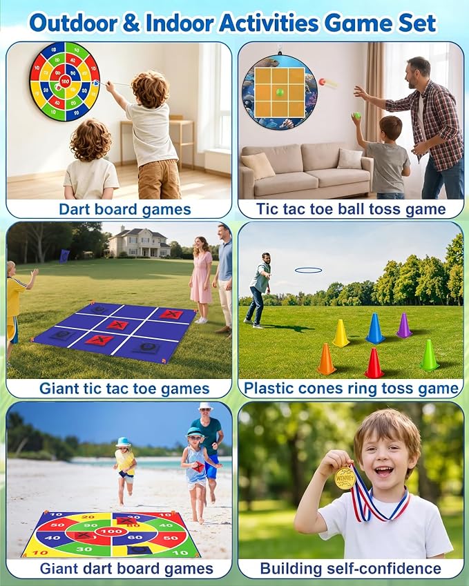 Outdoor Giant Tic Tac Toe Yard Games Double-Sided with Bean Bag Toss Mat, 26" Dart Board with Sticky Balls, Soft Plastic Cones Ring Toss Game for Kids Adults Family Indoor Outside Carnival Lawn Games