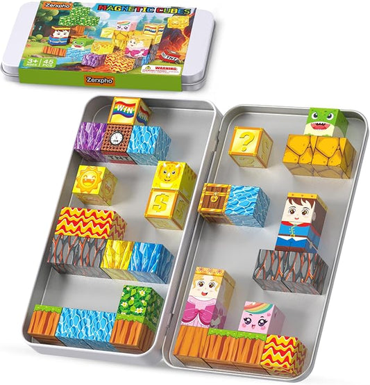 Mini Magnetic Blocks, Magnetic Blocks Building Toys with Travel Case 45PCS, STEM Educational Construction Building Cubes for Kids Ages 3+, Classroom Learning Sensory Toys Gift for Toddlers Boys Girls