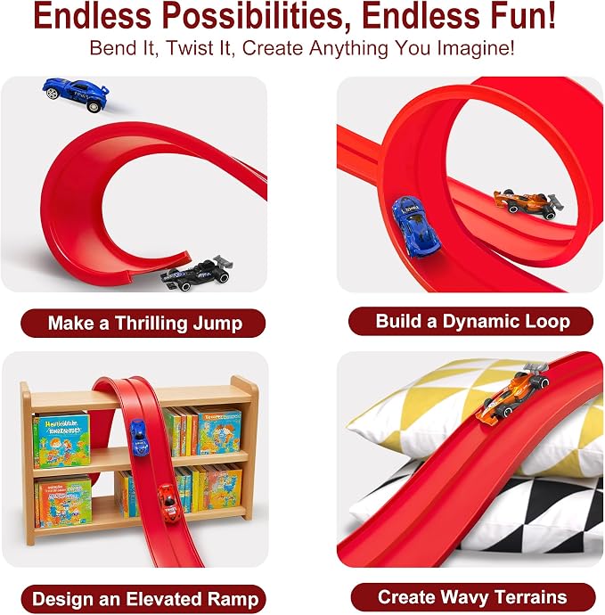 Flexible Race Track for Kids Starter Set - 20FT Flex Race Car Ramp Track, Rolls Up Portable DIY Racetrack Compatible with Hot Wheels & Diecast 1/64th Cars