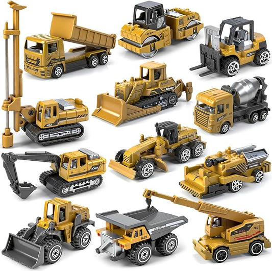 12 Pack Diecast Construction Toys, Mini Alloy Model Excavator Toy Construction Truck Toys for 3 4 5 6 7 8 Year Old Kids Toddlers, Toy Cars for Kids Birthday Cake Decorations Party Favors