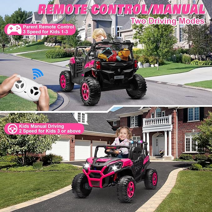 24V 2-Seater Ride On Car Truck w/4x200W, 20" Spacious Seat, 4WD/2WD Switchable, 5 Mph Max Speed, Rainbow Lights, Remote Control, Soft Start, Storage, Electric Car for Kids Ages 3-8, Rose Red
