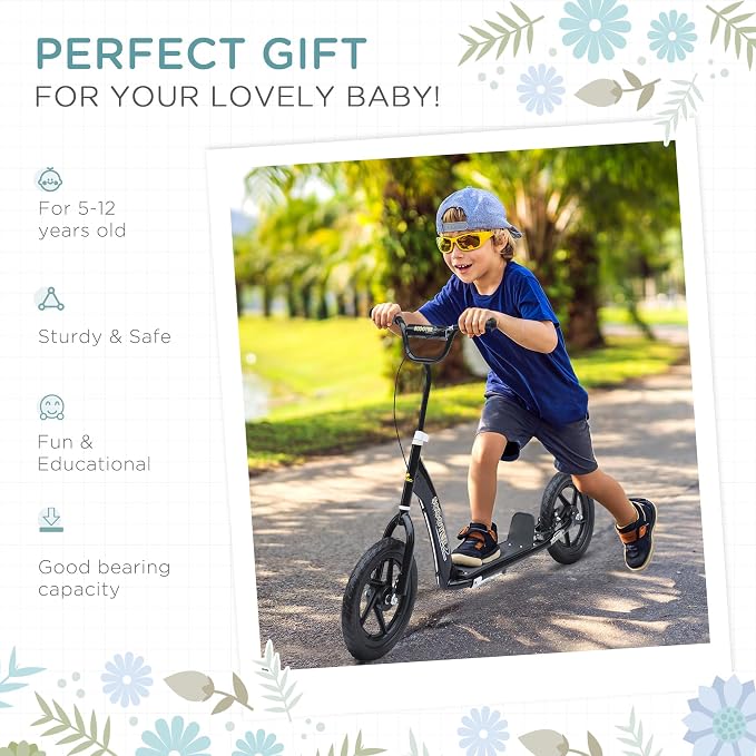HOMCOM Kick Scooter for Kids 5-12 Years Old, Big Wheel Kids Scooter with Adjustable Height Handlebar, 12" EVA Tyres, Non-Slip Footplate, Rear Brake
