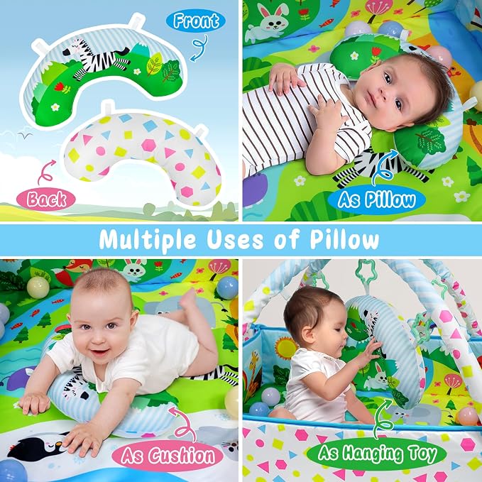 Dr.Rapeti Baby Play Gym Mat Animal Planet with Ball Pit Activity Gym Center Tummy Time Mat Thickened Mat Sensory Exploration Motor Skill Development for Newborn Infant Baby Toddler for 0+