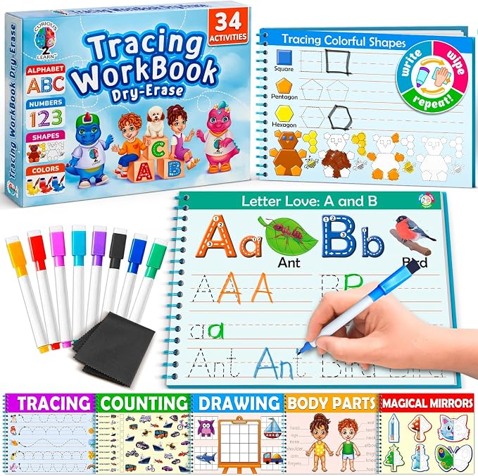 Curious 2 Learn Hardcover Preschool Activity Workbook for Kids Ages 3–5 – 32 Montessori Learning Activities with 9 Markers – ABC, Numbers, Colors & Shapes – Educational Gift for Boys & Girls