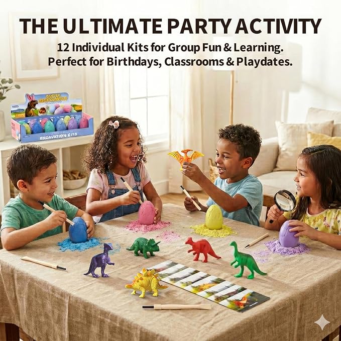 12 Pack Colorful Dinosaur Eggs Excavation Kit with Learning Cards - Dino Dig STEM Science Toy for Kids - Easter Basket Stuffers, Party Favors Birthday Gifts Classroom Activities for Boys Girls Age 3+