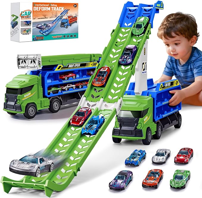 Race Track Truck Toys for 3 4 5 6 Years Old Kids - Carrier Truck Transport Car with 6 Die-Cast Cars Toys, 4-in-1 Truck with 2 Foldable Race Tracks, Christmas Birthday Gifts Toy for Toddler Boys, Cyan