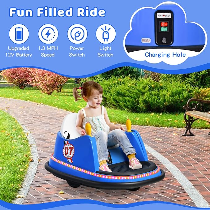 HONEY JOY 12V Toddler Bumper Car, Battery Powered Baby Ride on Bumper Car, Dual Joysticks, Flashing LED Light & 360 Degree Spin, Electric Vehicle Ride on Toys w/Remote Control, Gift for Boys Girls