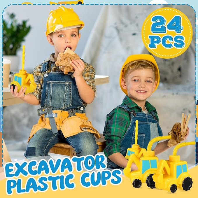 Tanlade 24 Set Excavator Truck Cups with Straws, Tractor Birthday Party Decorations 10 oz Plastic Excavator Shape Cup Reusable Cups Construction Themed Party Favor for Kids Construction Car