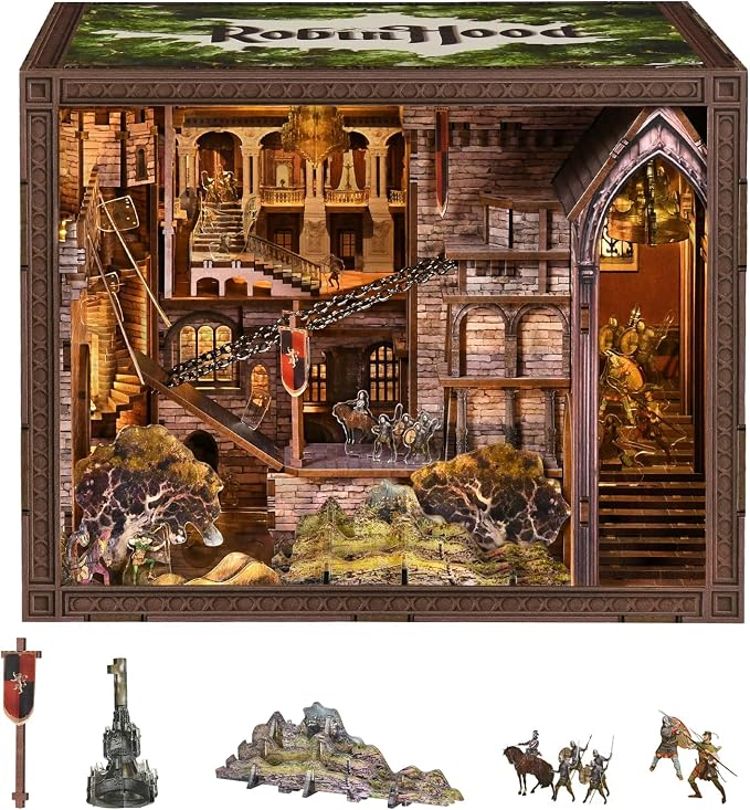 CCCDF Book Nook Kit - DIY Miniature Dollhouse Kit, Dollhouse Booknook Tiny House Bookshelf Decor 3D Wooden Puzzle, Gifts for Family, Friends (Robin Hood - The Castle's Escape)