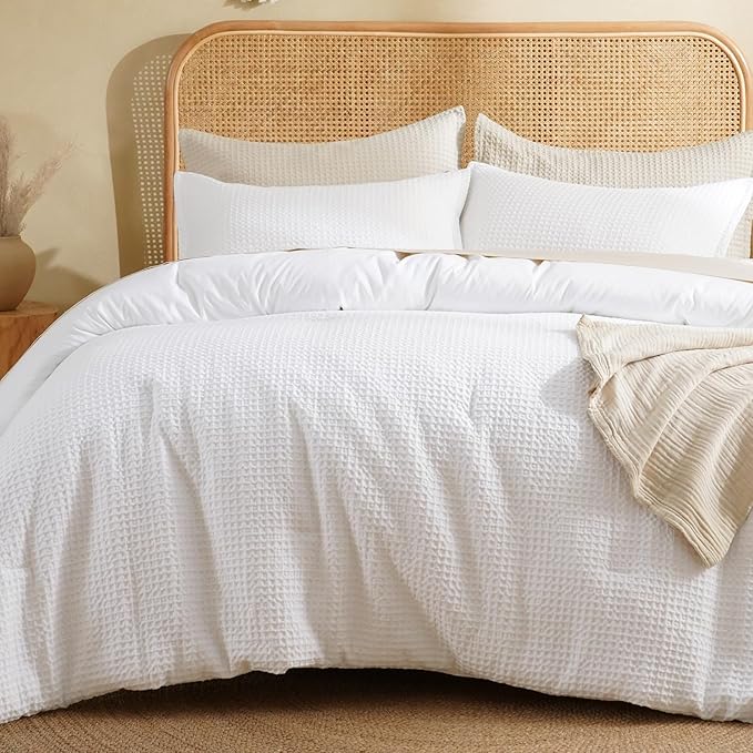 David's Home Waffle Weave Comforter Set 3PCS Queen Size, Soft Breathable Lightweight Cozy Skin-Friendly Warm for All Season, Elegant Aesthetic Home Decor Bedding Set with Pillow Shams, White