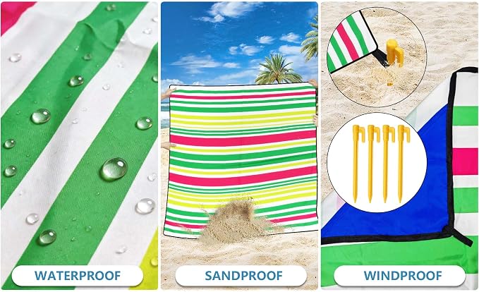 WIWIGO Beach Blanket Waterproof Sandproof Beach Mat 79" X 83"/10'x9'for 2-8 Adults Quick Drying Outdoor Picnic Mat Beach Accessories for Travel, Camping, Hiking
