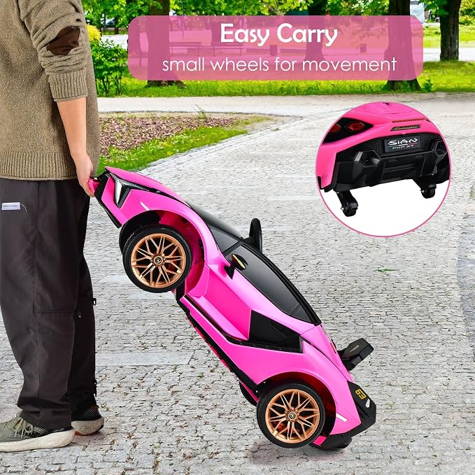 OLAKIDS Kids 12V Licensed Lamborghini SIAN Ride On Car, Electric Vehicle for Toddler with Control Remote, Battery Powered Toy with Music, Horn, 2 Speeds, Suspension, LED Lights, Bluetooth, USB (Pink)