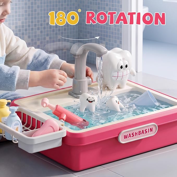 Play Sink with Running Water, Toy Sink Auto Water Cycle System, Play Sink Toys for 2 3 4 Year Old Girls, Dentist Play Set with Oversize Teeth, Birthday Gifts for 2 3 4 5 Year Old, Practice Cleaning