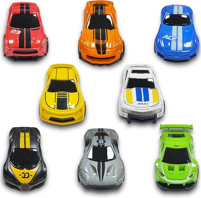 KIDAMI 8 Pack Pull Back Die Cast Metal Toy Cars, 1:64 Scale Sports Race Cars with Detachable Storage Case, Portable Vehicles Carrying Case Set with Handle for Kids Adults Gift