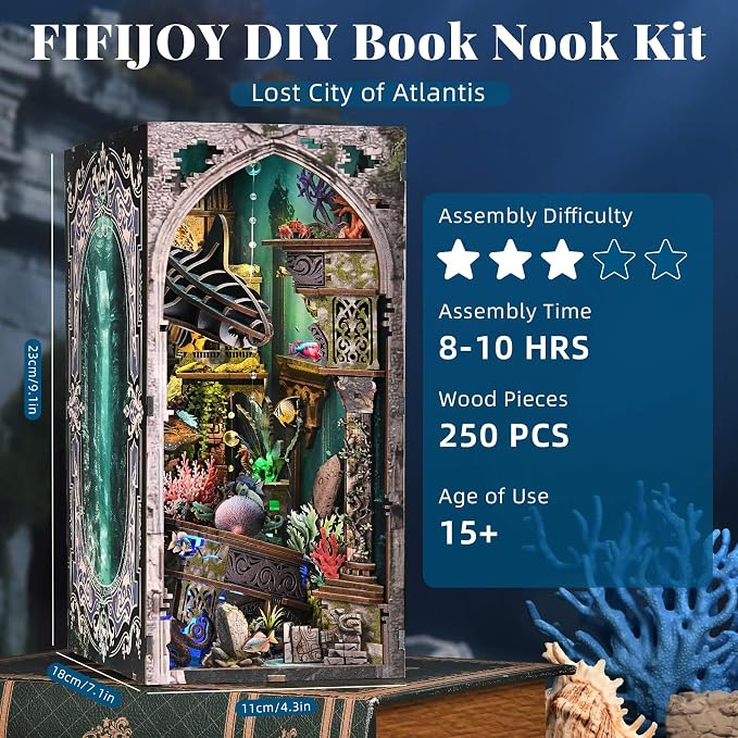 fifijoy Book Nook Kit - DIY Miniature Dollhouse Kit for Adults and Teens, 3D Wooden Puzzle Bookend with LED Light, Creative Bookshelf Decor Gifts for Family and Friends (Lost City of Atlantis)
