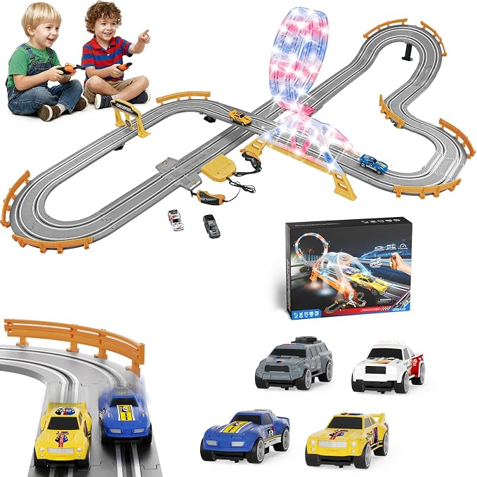 18.04ft 2-in-1 Slot Car Track Sets Toy - with 4 Cars, Battery or Electric Car Track Set with Dual Racing Game, Flash Circular Track, Lap Counter,Birthday Xmas Gifts Toys for Boys(S2-Charcoal)