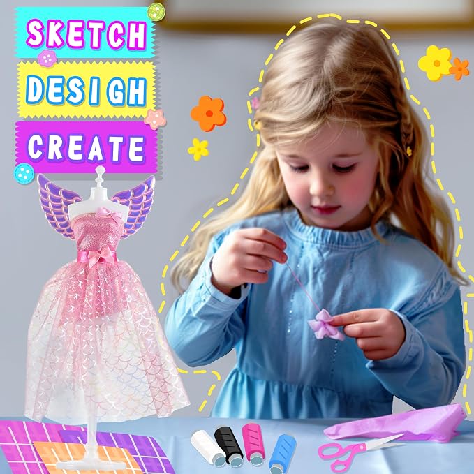 AGENTLAN Fashion Designer Kit, 900+ Dress Making Kit, DIY Craft Kit | Fashion design studio, sewing & no-sew, DIY fashion play with storage bin, gift for girls ages 6-12