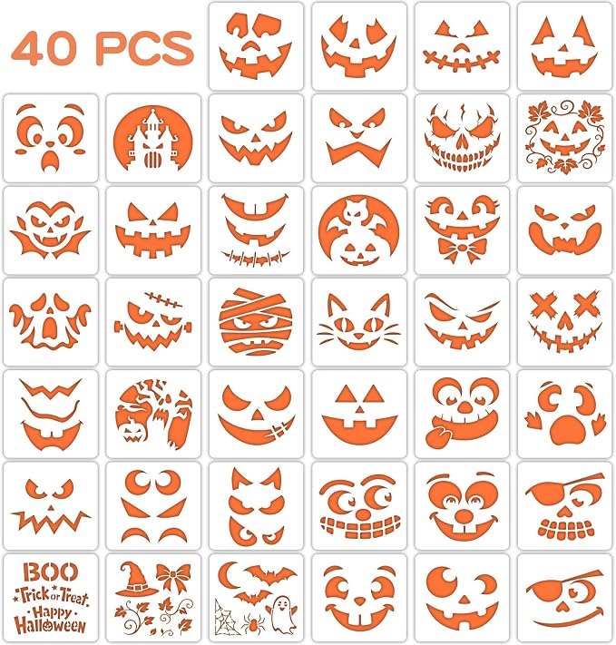 40 PCS Halloween Drawing Stencils, 6 Inch Plastic Reusable Pumpkin Faces Painting Stencil, Jack - O'-Lantern Painting Templates for DIY Pumpkin Carving, Wood, Walls Art and Halloween Decoration