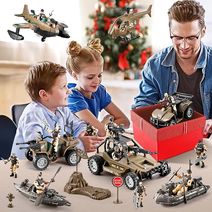 78-in-1 Army Men Toys Sets with Realistic Military Truck/Helicopter/Kayak Boat/Motorcycle/Army Men Action Figures/Weapon Gears, Army Toys Gift for Boys Kids 4-7 6-8 8-14 Fun Birthday Party Favors