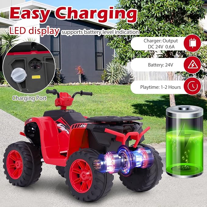 Costzon Kids ATV, 24V Four Wheeler Quad Ride on Car w/Forward/Backward, 2 Speeds, Wireless Connection, Music, Radio, LED Lights, Electric Vehicle Toddler 4 Wheeler for Kids, Boys & Girls 3-8 (Red)