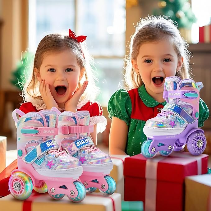 SULIFEEL Adjustable Roller Skates for Girls Boys Kids,Fun Illuminating Light Up Flash Wheels Three-Point Type Balance Suitable for Beginners Indoor Roller Skating