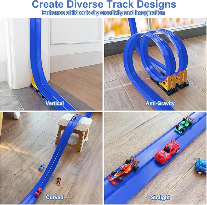 15 FT Flexible Toy Car Track with Suction Cups: DIY Roll-Up Racetrack Ramp for Window & Wall Surfaces, Compatible with 1/64 DieCast Vehicles, Screen for Boys Girls Ages 3-8