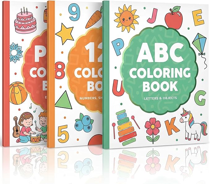 Fun Coloring Book for Kids - Set of 3 Cute Toddler Coloring Books with Big Simple Designs - Educational Activity Water Color Book with Themes for Alphabet, Numbers, Colors & Shapes for Boys and Girls