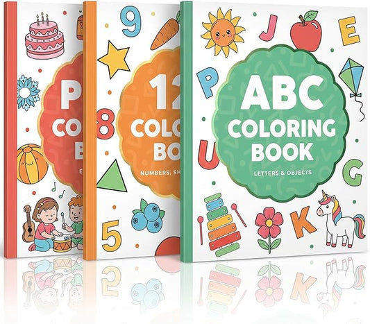 Fun Coloring Book for Kids - Set of 3 Cute Toddler Coloring Books with Big Simple Designs - Educational Activity Water Color Book with Themes for Alphabet, Numbers, Colors & Shapes for Boys and Girls