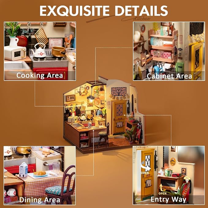 Robotime DIY Miniature House Kit, 1:18 Kitchen Diorama Dollhouse with LED Lights, 3D Wooden Puzzle for Adults, Craft Hobby Gift for Women Men Teens