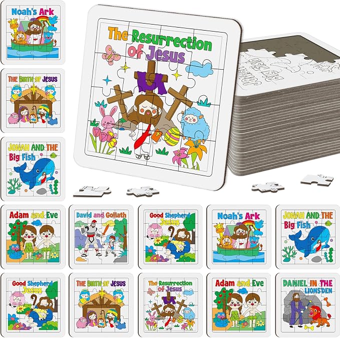 Cinrobiye 24 PCS Religious Sunday School Crafts Bible Stories Jigsaw Puzzles Bulk DIY Religious Puzzle Kits with Colored Pens Gifts for Church VBS Sunday School Art Activities Christian Party Favors
