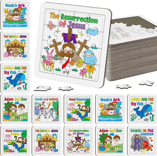 Cinrobiye 24 PCS Religious Sunday School Crafts Bible Stories Jigsaw Puzzles Bulk DIY Religious Puzzle Kits with Colored Pens Gifts for Church VBS Sunday School Art Activities Christian Party Favors