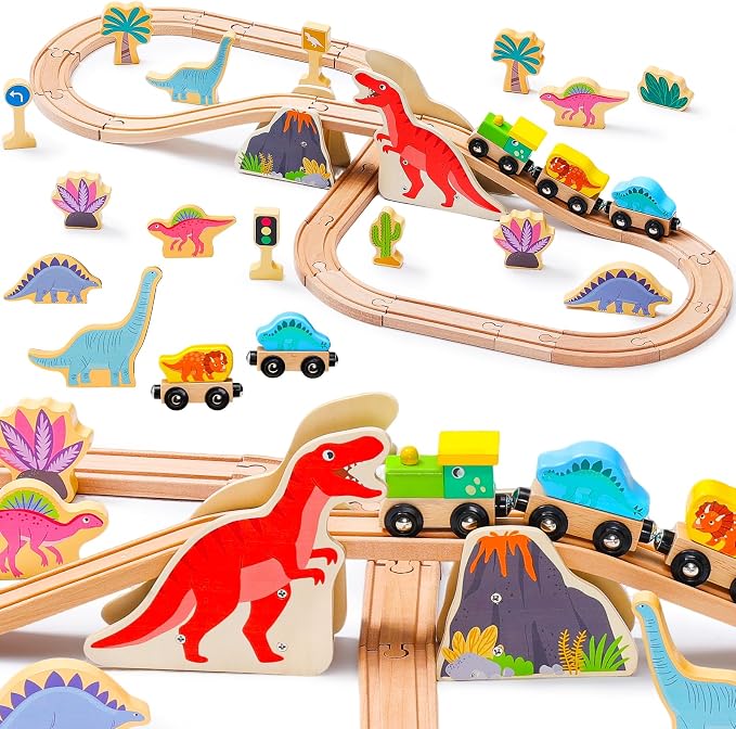 SainSmart Jr. Wooden Train Set Dinosaur Theme, Train Toys with 6 Kinds of Dinosaurs, Dinosaur Train Compatible with Brio, Thomas, Melissa & Doug – Perfect Wood Toy for Boys and Girls
