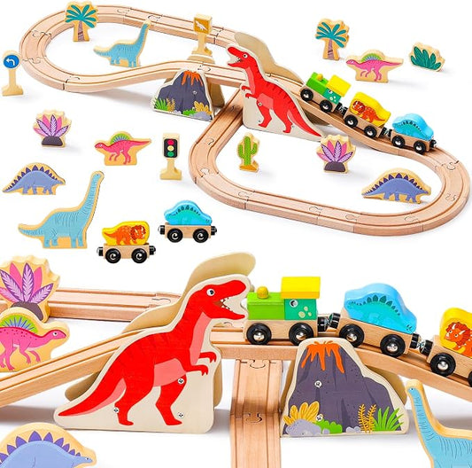 SainSmart Jr. Wooden Train Set Dinosaur Theme, Train Toys with 6 Kinds of Dinosaurs, Dinosaur Train Compatible with Brio, Thomas, Melissa & Doug – Perfect Wood Toy for Boys and Girls